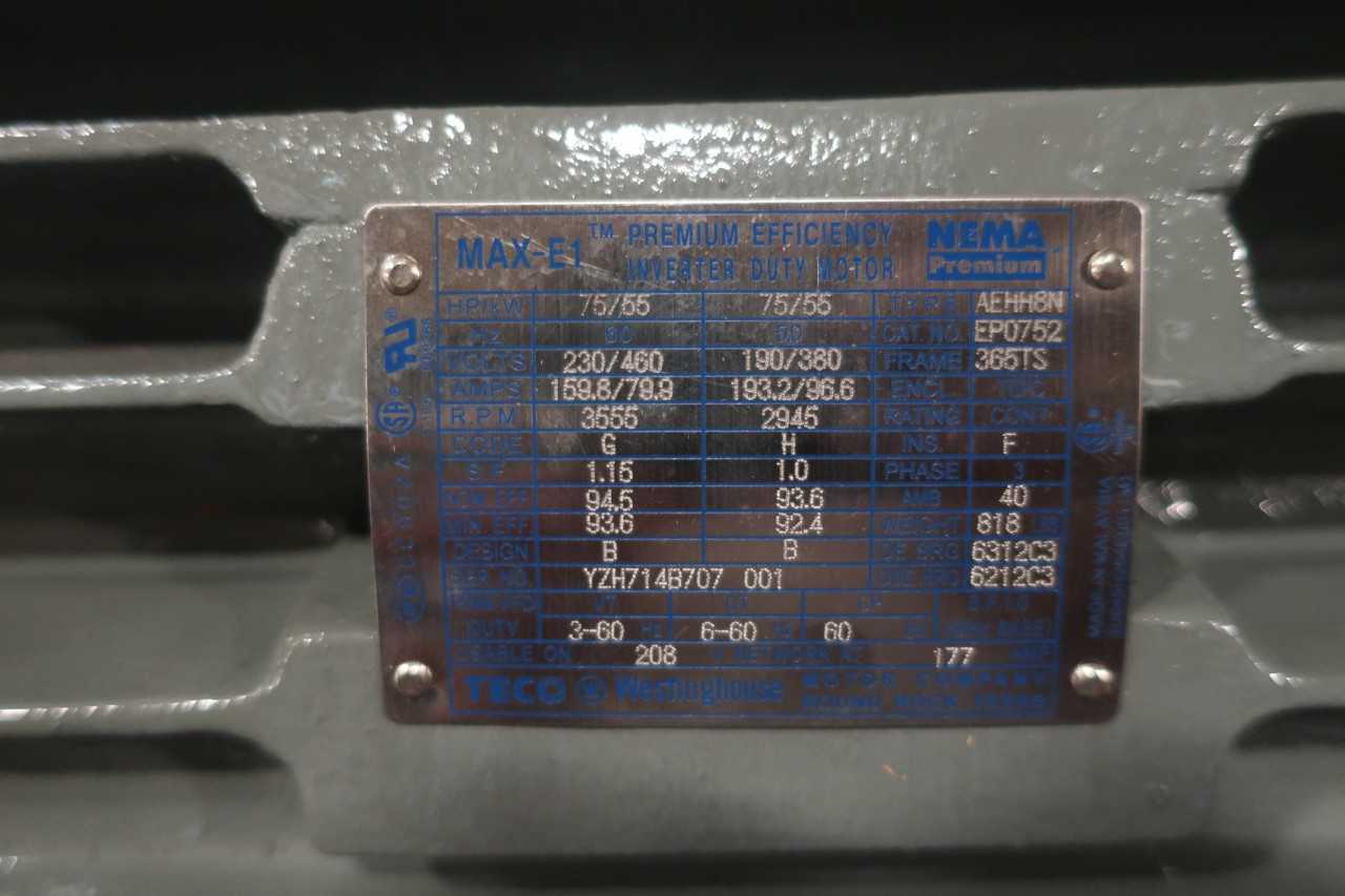 WESTINGHOUSE EP0752460V MOTOR 3555RPM 75HP 365TS - ELECTRIC MOTORS