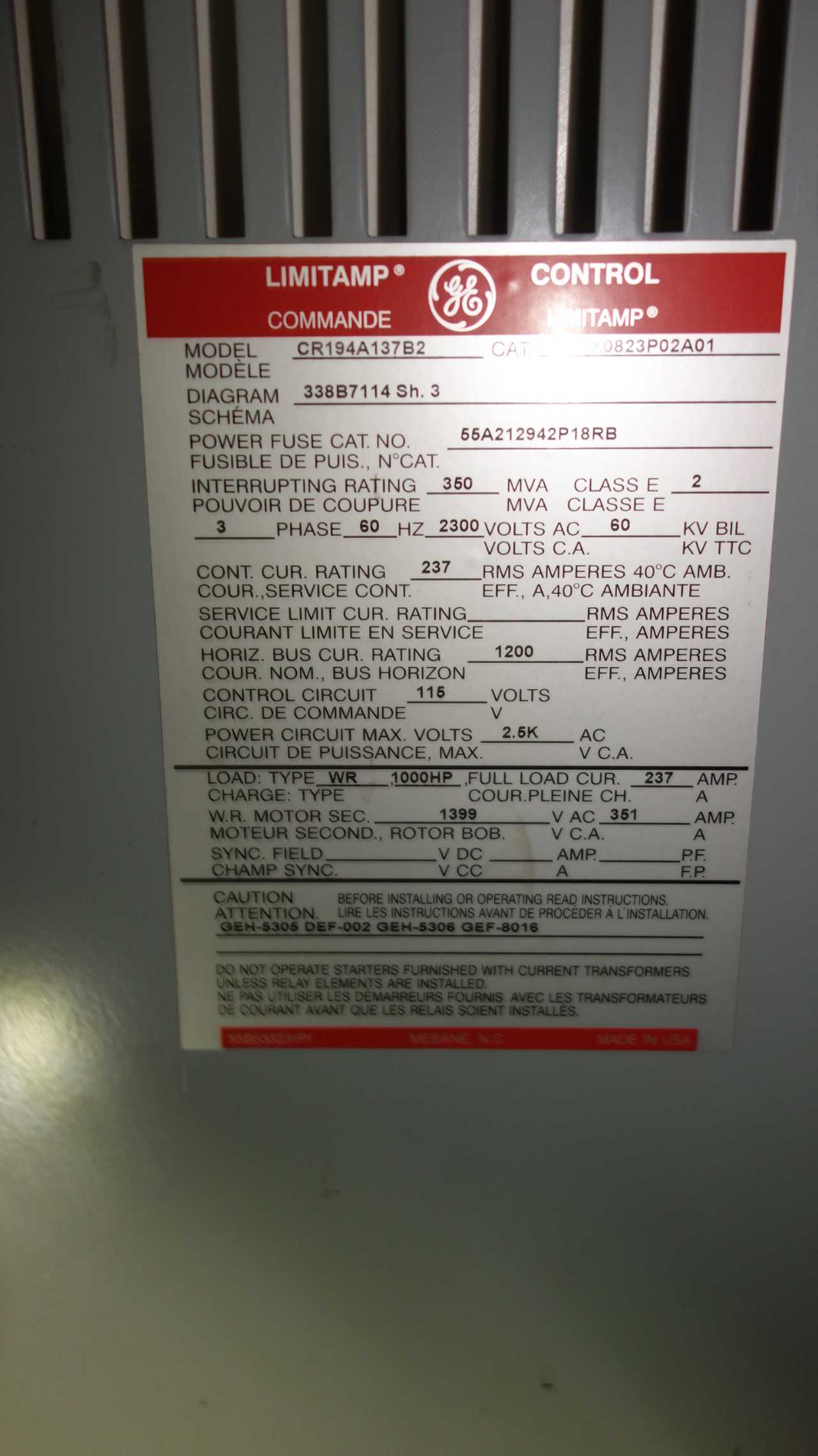 GE CR194 LIMITAMP VACUUM CONTACTOR CONTROLLER - CONTACTORS