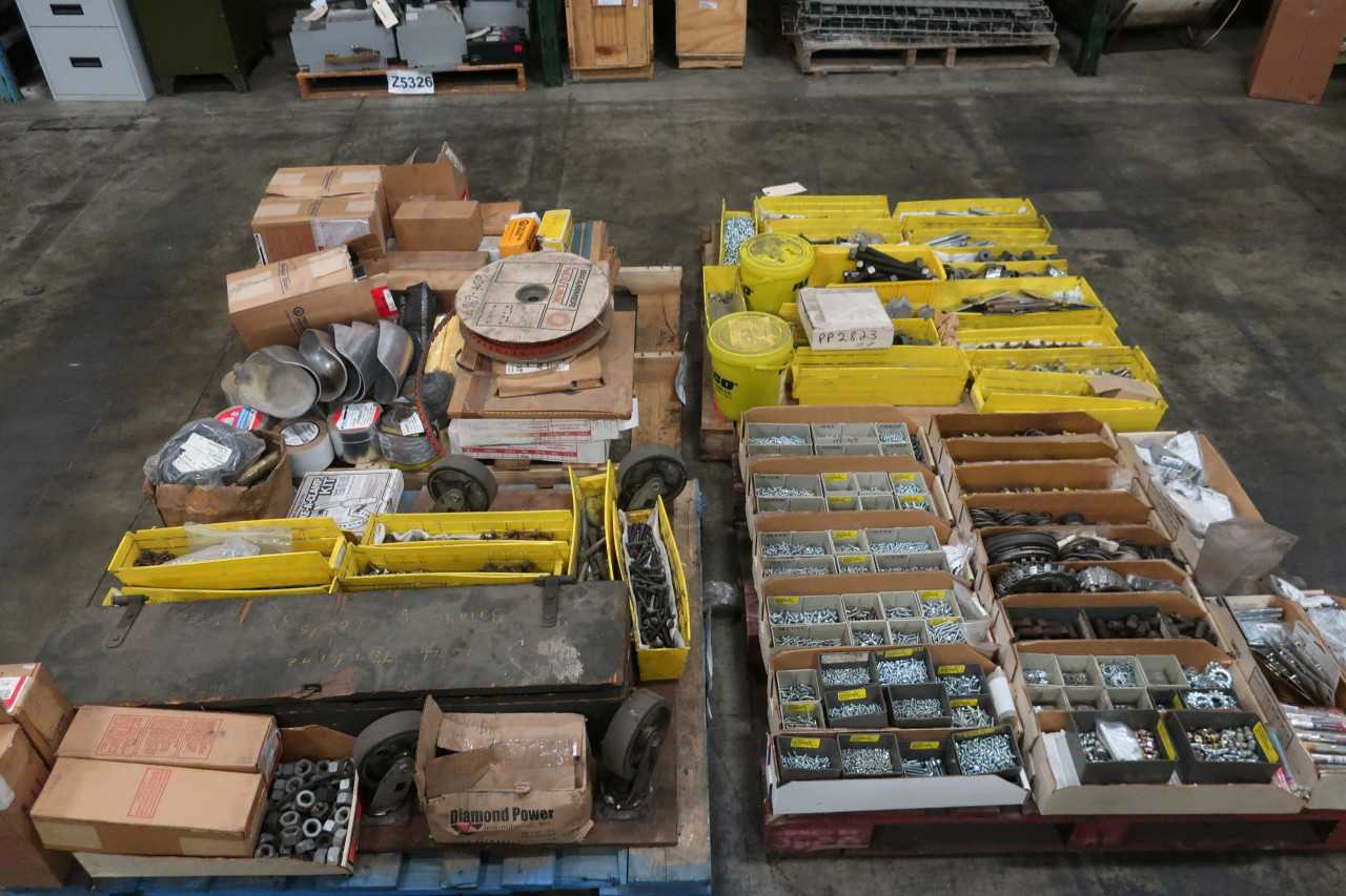4 PALLETS OF ASSORTED HARDWARE NUTS BOLTS HINGES WASHERS SCREWS SHIMS - ELECTRIC POWER TOOLS