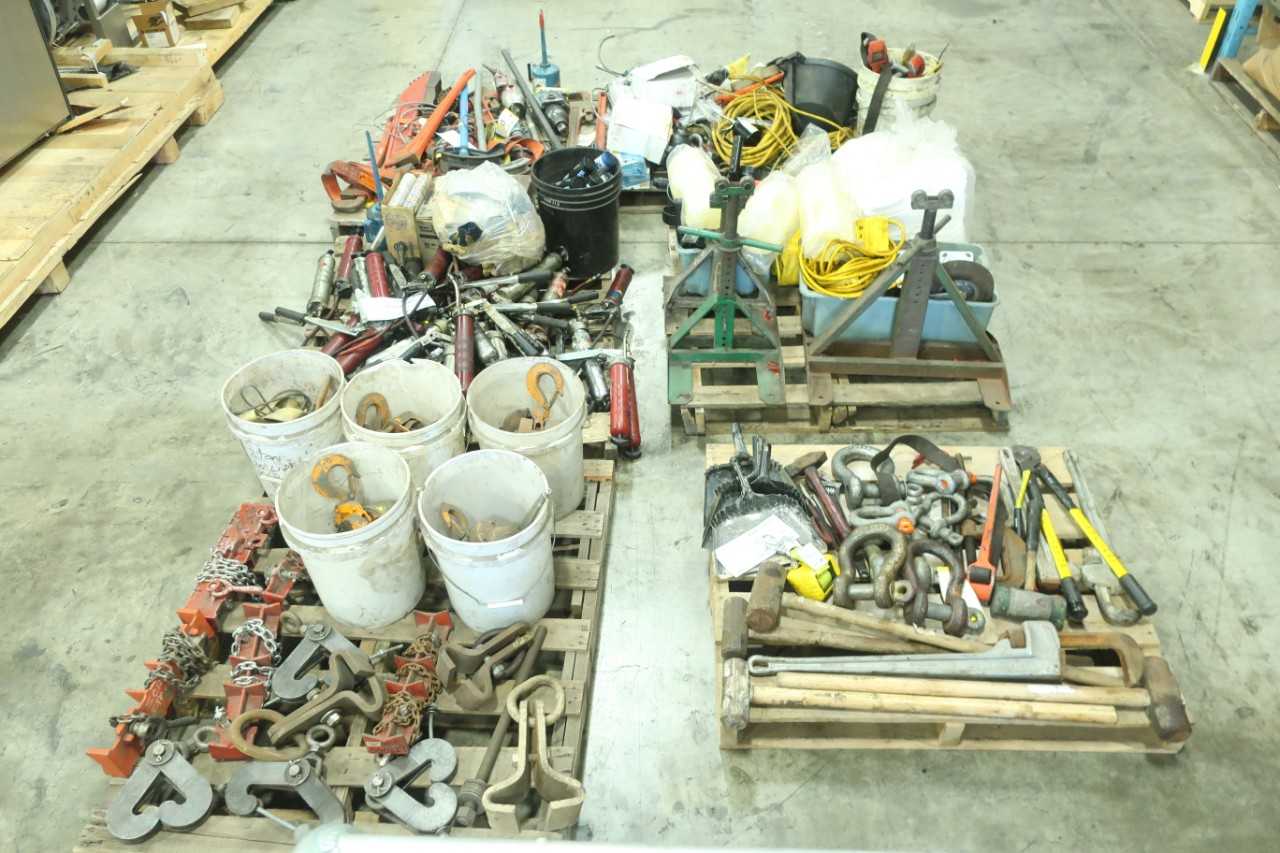 6 PALLETS OF ASSORTED TOOLS HOISTS STRAPS SNIPS HAND TOOLS WRENCHES GREASE - MISCELLANEOUS