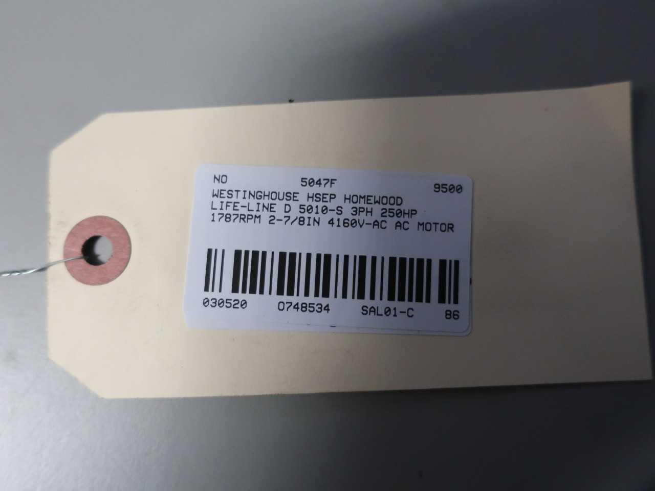 WESTINGHOUSE HSEP HOMEWOOD LIFE-LINE D 5010-S 250HP 1787RPM 4160V AC MOTOR - ELECTRIC MOTORS