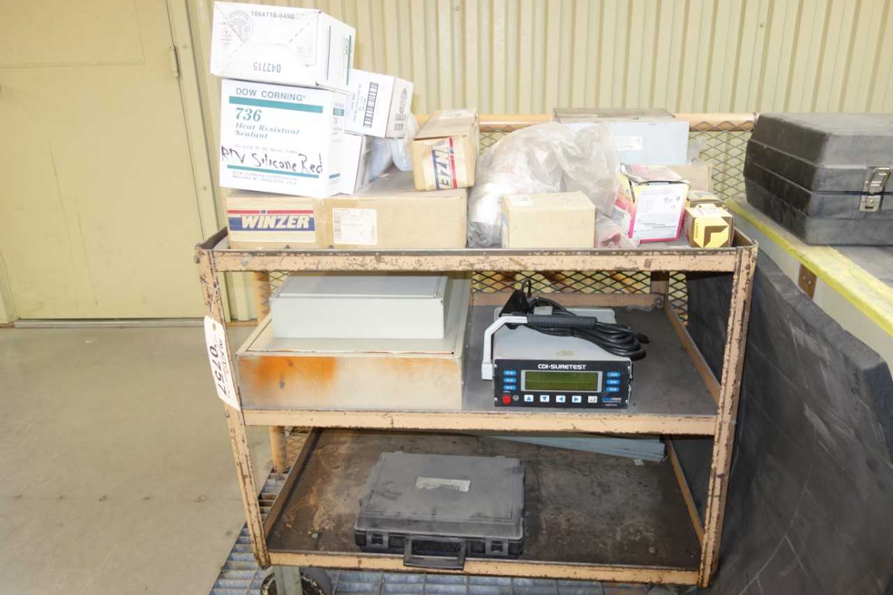 Contents of shelving with cart - CDI-Suretest torque calibrator, Skidmore-Wilhelm tension calibrators, chisels - SHELVING