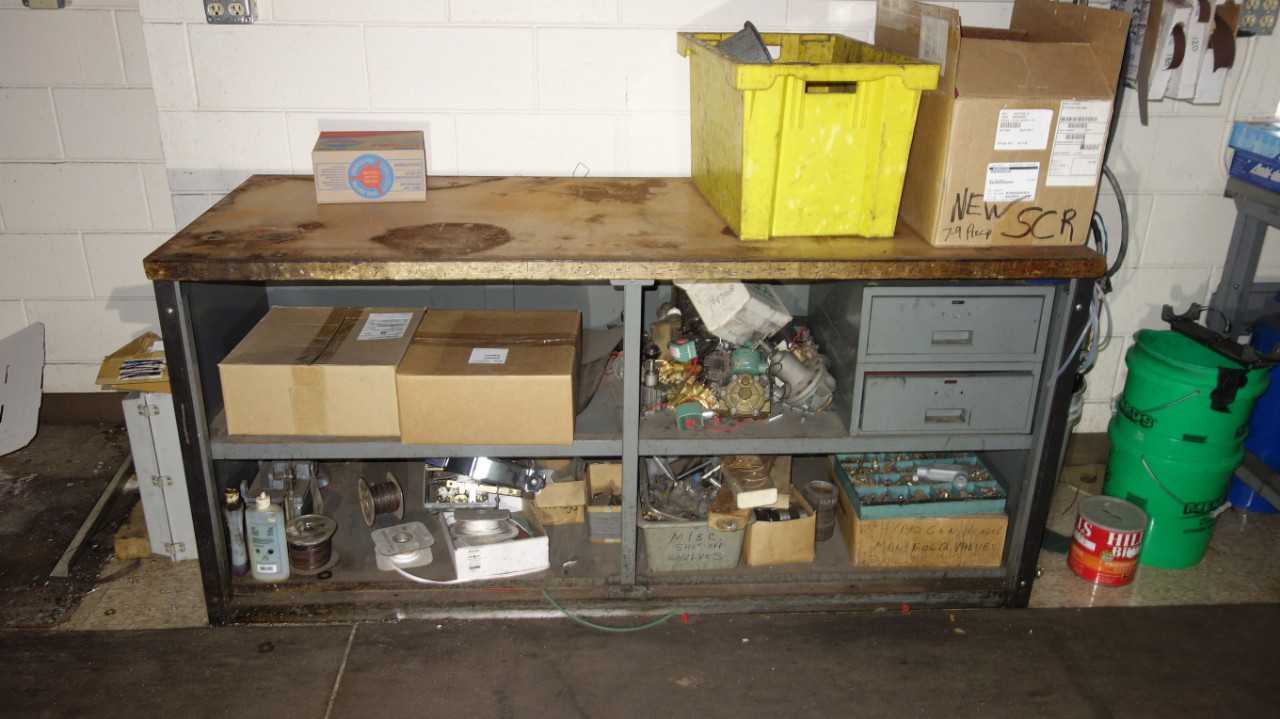 DESK WITH CONTENTS, ASSORTED INSTRUMENTATION - INDUSTRIAL PARTS