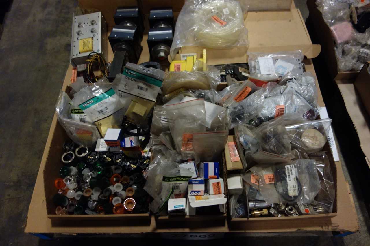 3 PALLETS OF ASSORTED MISCELLANEOUS ELECTRICAL- BULBS, WIRES, BUAGES, PRESSURE CONTROLLERS, TRANSFORMERS - ELECTRICAL COMPONENTS
