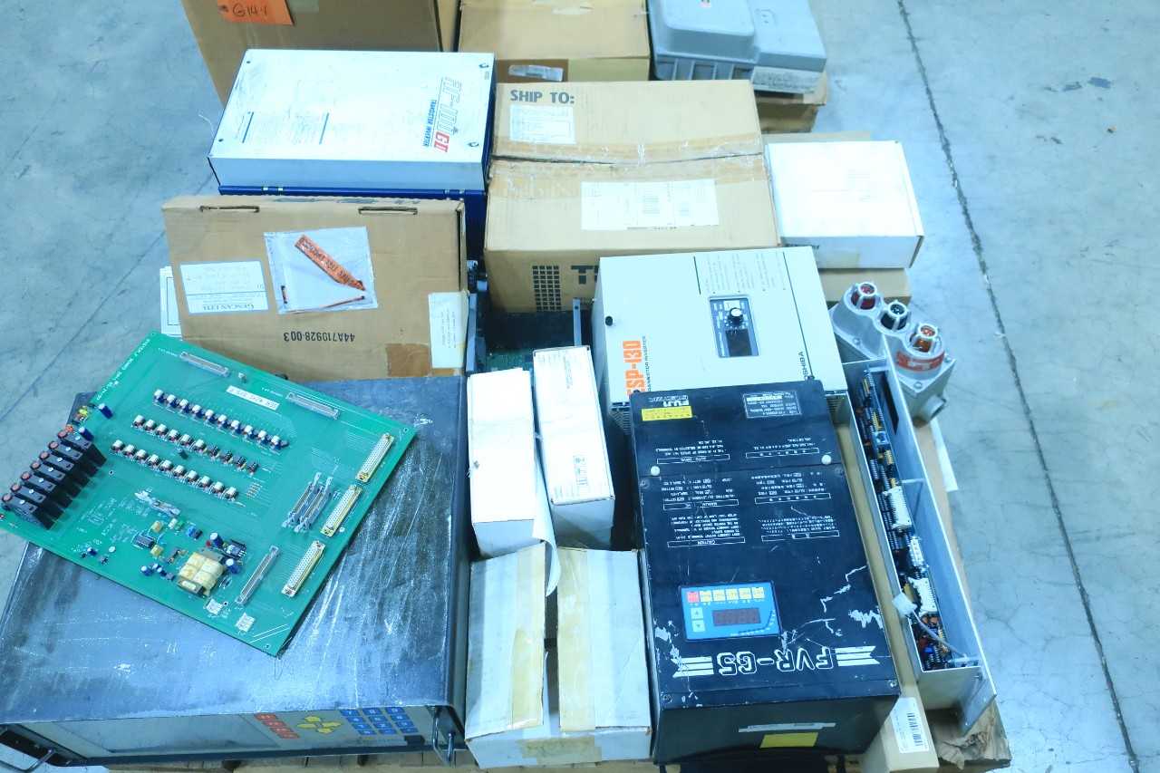 2 PALLETS OF ASSORTED ELECTRICAL SERVO MOTOR, CABLE-WIRE CONTROLS, OPERATOR INTERFACE PANEL, DIRECTOR SENSOR, PRESSURE SWITCH, MODULES, PILOT LIGHT, MOTOR DRIVE- WESTINGHOUSE, FANUC, MYDAX, PDMA, TEKLOGIX, OMRON, APTEC, CROUSE HINDS, DWYER, FUJI ELECTRIC - AUTOMATION & CONTROLS