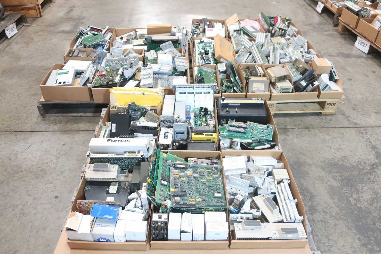 3 PALLETS OF ASSORTED ELECTRICAL CIRCUIT BOARDS, MODULES, HIGH VACUUM, POWER SOURCES- MITSUBISHI, ABB, BOC EDWARDS, YASKAWA - AUTOMATION & CONTROLS