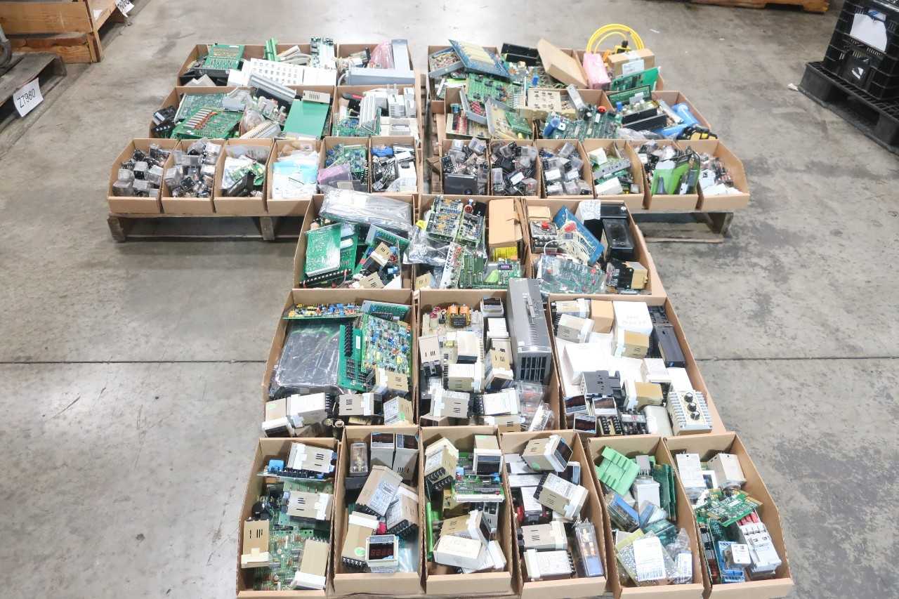3 PALLETS OF ASSORTED ELECTRICAL CIRCUIT BOARDS, RELAYS, OUTPUT MODULES, POWER SOURCE- POTTER & BRUMFIELD, TOKYO KEISO - ELECTRICAL COMPONENTS