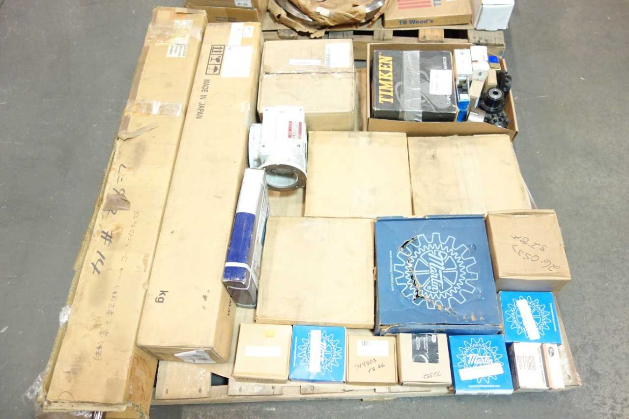2 PALLETS OF ASSORTED GEAR REDUCERS, SPROCKETS, BALL SCREW BEARINGS- MARTIN, SKF, TIMKEN - GEAR REDUCERS