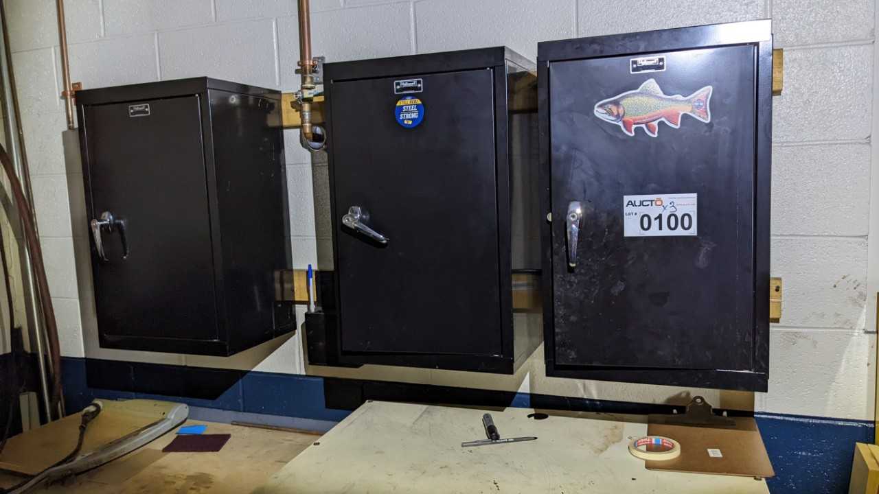 Lot of 3 hallowell steel wall cabinets with shelves. - TOOL STORAGE Lot of 3 hallowell steel wall cabinets with shelves. - TOOL STORAGE