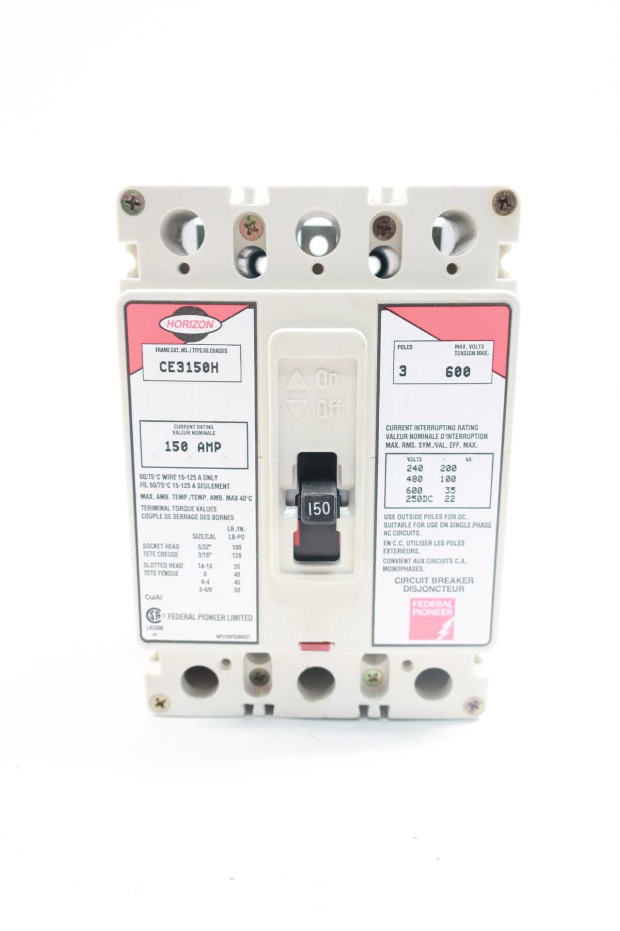 FEDERAL PIONEER CE3150H HORIZON 3P 150A AMP 600V-AC MOLDED CASE CIRCUIT BREAKER - CIRCUIT BREAKERS
