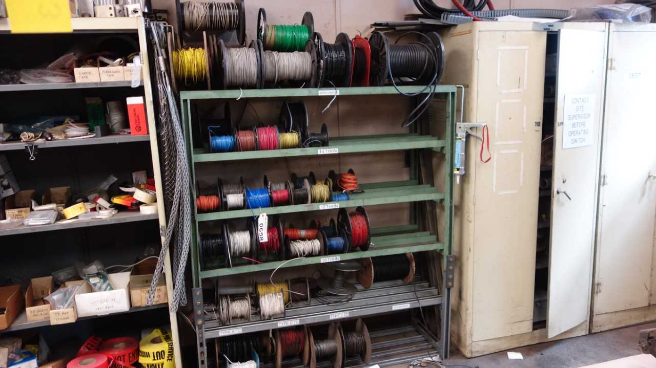 CONTENTS OF SHELF COLUMN, LOT OF ASSORTED WIRE SPOOLS - INDUSTRIAL PARTS