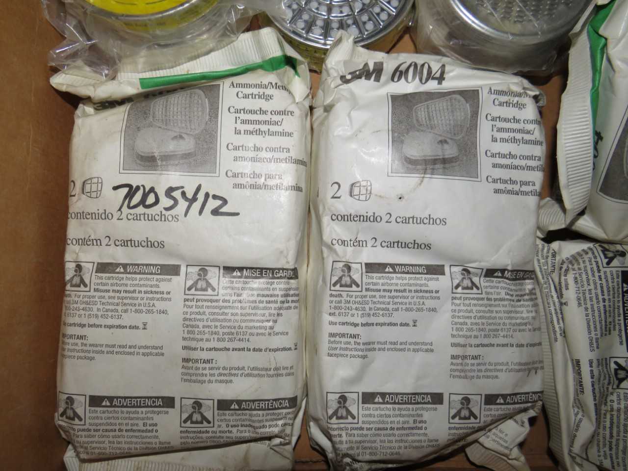 LOT OF ASSORTED NIOSH 3M PERMISSABLE CHEMICAL CARTRIDGE 7253, 3M 6004 AMMONIA / METHYLAMINE CARTRIDGE - SAFETY SWITCH