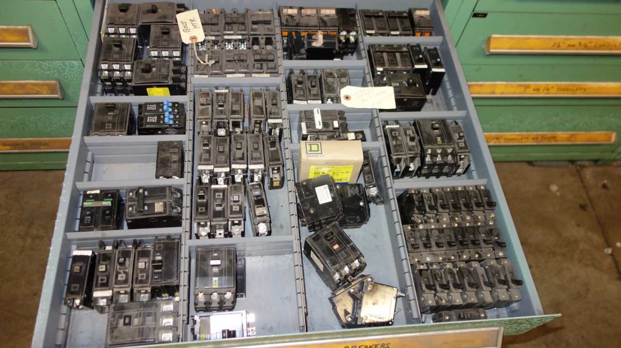 CONTENTS OF CABINET, ASSORTED ELECTRICAL MRO, BREAKERS, TEMPERATURE CONTROLLERS - ELECTRICAL COMPONENTS