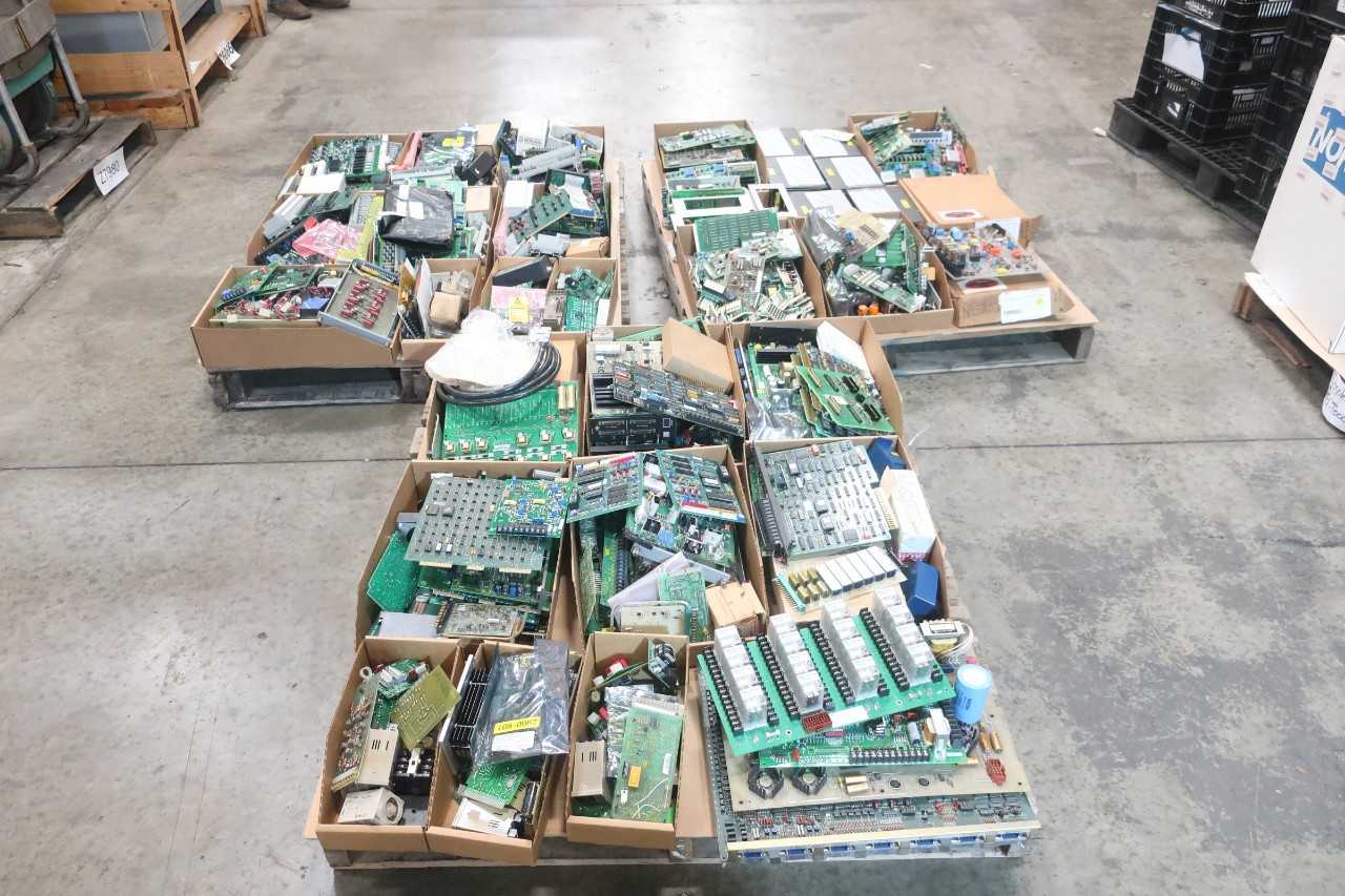 3 PALLETS OF ASSORTED ELECTRICAL CIRCUIT BOARDS, RELAYS- MITSUBISHI, ALLEN BRADLEY, BAILEY - ELECTRICAL COMPONENTS