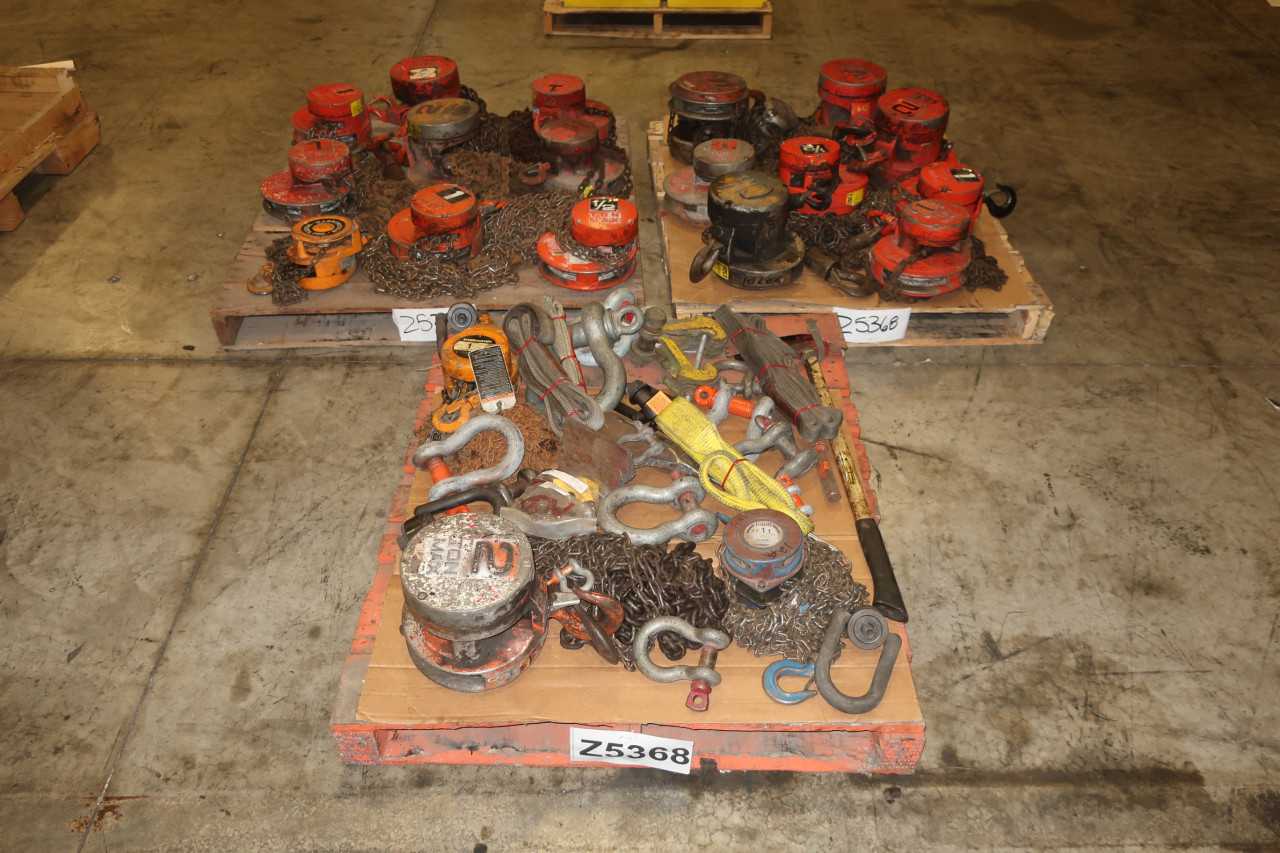 3 PALLETS OF ASSORTED HOISTS STRAPS CLEVIS'S CHAINS HARRINGTON CM TRALIFT - LIFTING EQUIPMENT