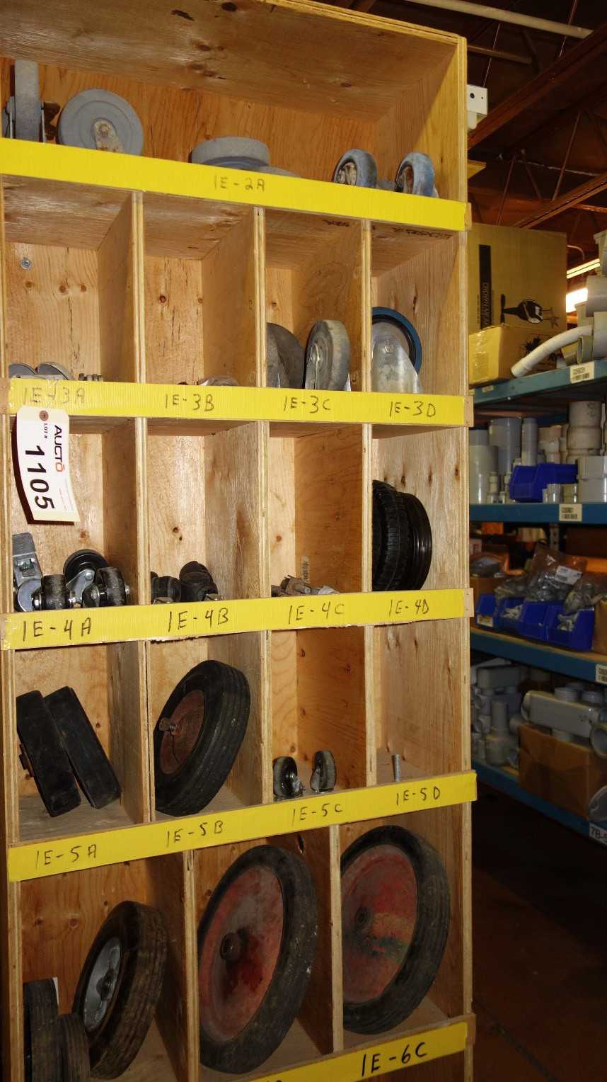 CONTENTS OF PIGEON HOLE CABINET, ASSORTED CART WHEELS - TOOL STORAGE