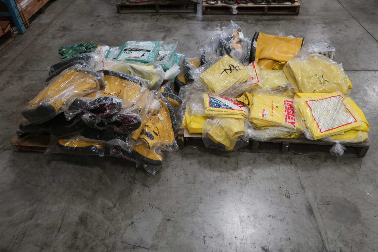 2 PALLETS OF ASSORTED SAFETY PROTECTION RUBBER BOOTS SHOE COVER JACKETS GLOVES - SAFETY EQUIPMENT
