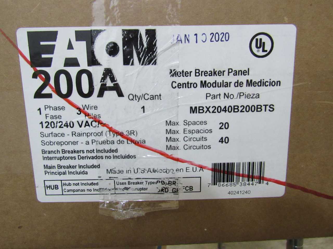 - Quantity of 1 - Eaton MBX2040B200BTS - Meter Breaker Panel - ELECTRICAL COMPONENTS