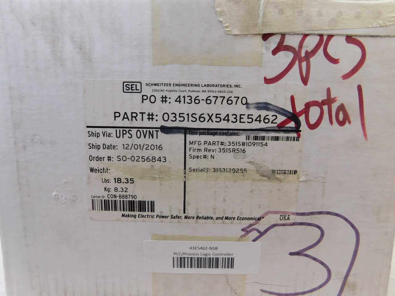 Quantity of 1 New Surplus SEL 43E5462 PLC Control Protection System 5A 120V - AUTOMATION & CONTROLS