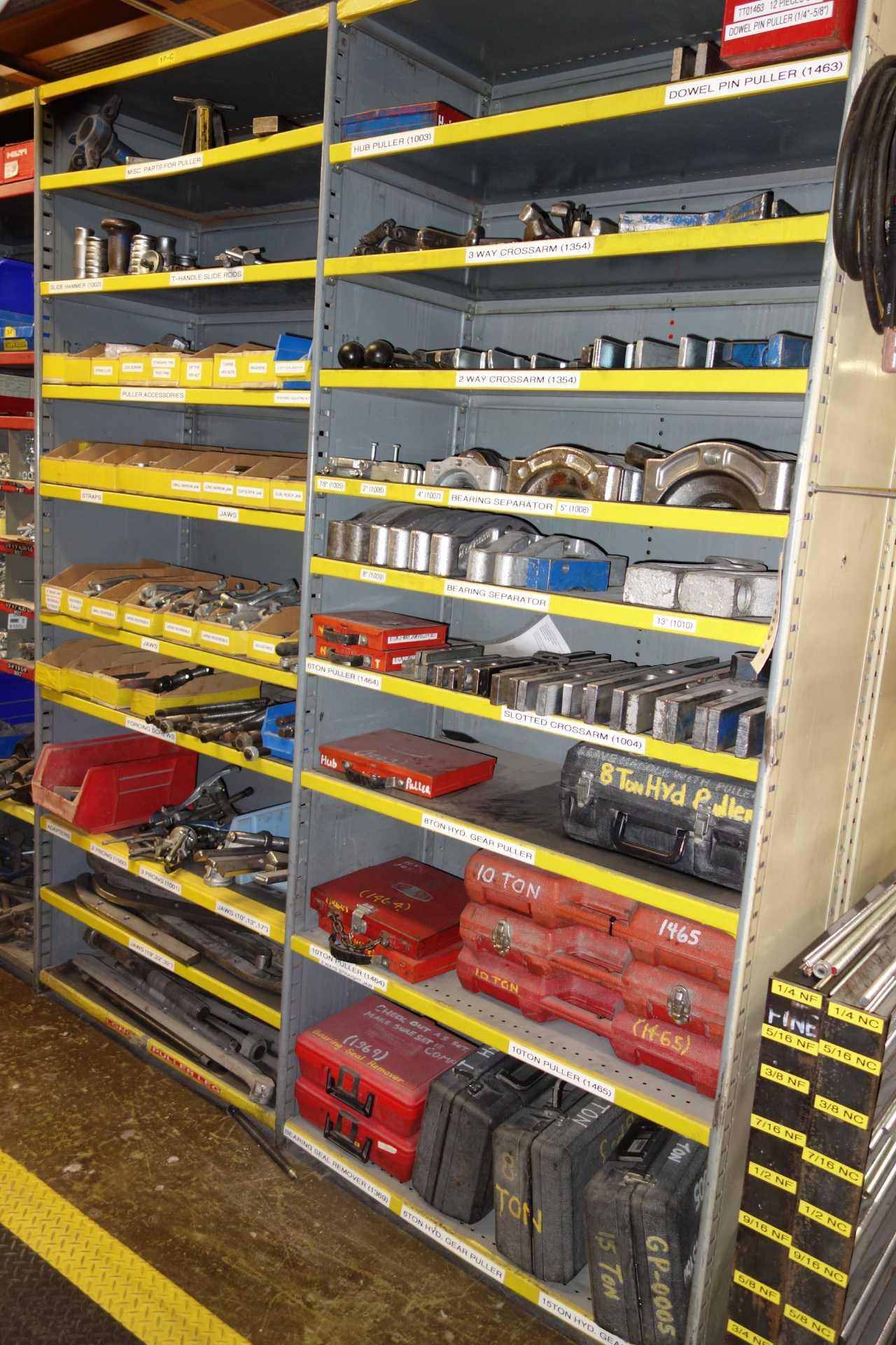 Contents of 2x sections shelving - gear pullers, bearing separators, with parts/accessories - SHELVING