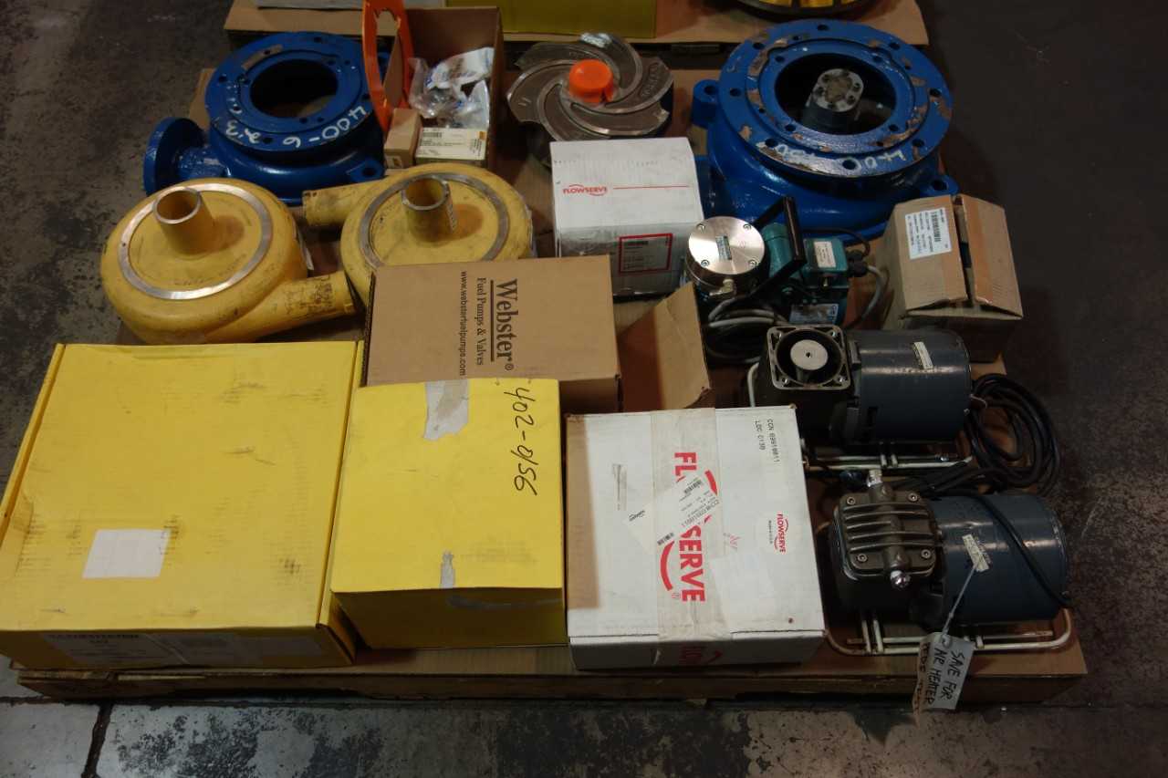 2 PALLETS OF ASSORTED PUMPS, PUMP PARTS & ACCESSORIES- CHESTERTON, GOULDS, FLOWSERVE - PUMPS