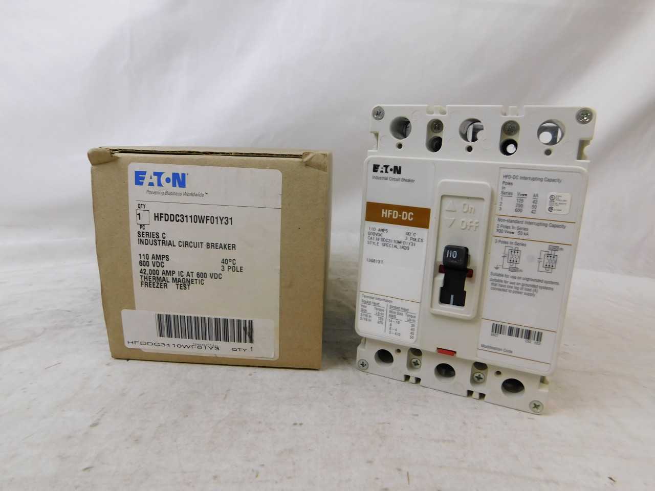 Quantity of 2 New Surplus Eaton HFDDC3110WF01Y31 MCCB 3P 110A 600VDC - ELECTRICAL COMPONENTS