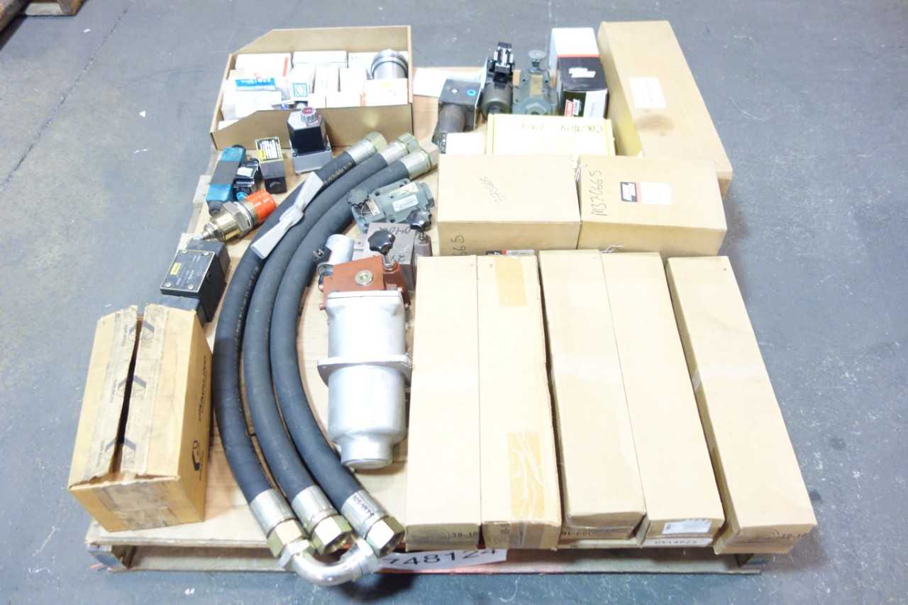 1 PALLET OF ASSORTED HYDRAULIC VALVES, FILTERS, HOSES- CHESTERTON, PARKER, VICKERS - VALVES