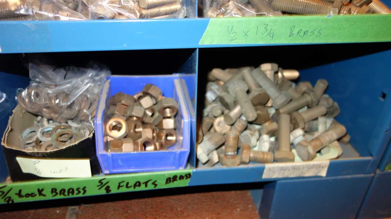 CONTENTS OF 2X STACKED PIGEON HOLE CABINETS, ASSORTED BRASS HARDWARE - INDUSTRIAL PARTS