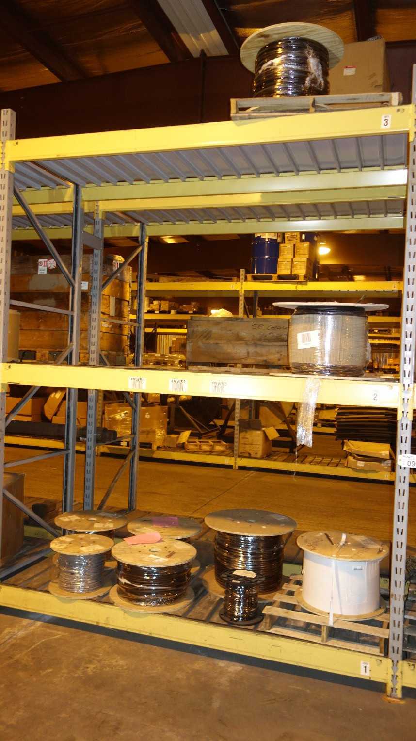 CONTENTS OF RACK COLUMN, ASSORTED SPOOLS OF WIRE - ELECTRICAL COMPONENTS