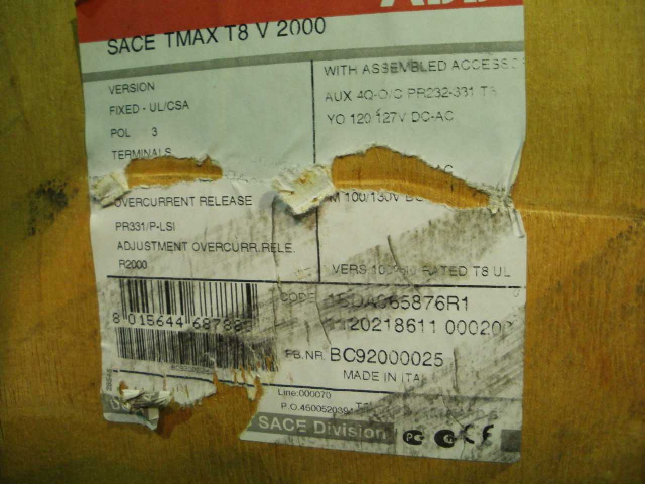 ABB Tmax 2000 AMPS BREAKER ( SACE PR331/P) - CIRCUIT BREAKERS