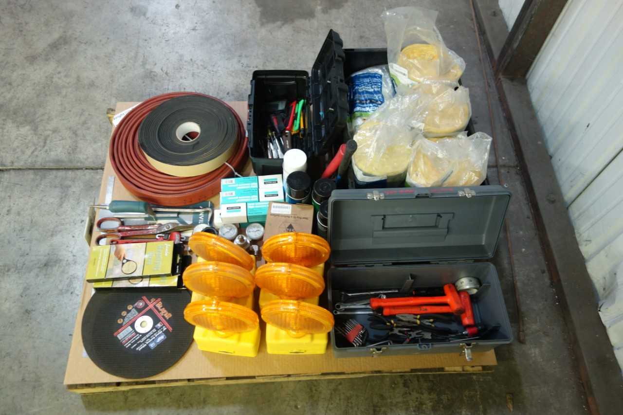 PALLET OF ASSORTED MAINTENANCE SHOP TOOLS AND SUPPLIES - ELECTRIC POWER TOOLS