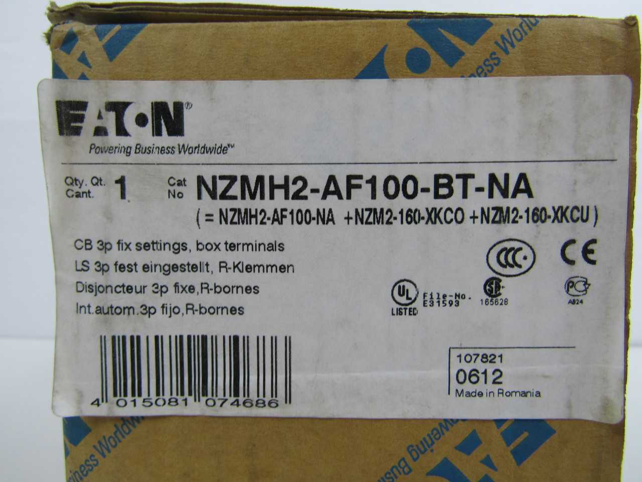 Quantity of 1x NZMH2-AF100-BT-NA 3P 100A 690VAC MCCB/Molded Case Circuit Breakers - CIRCUIT BREAKERS