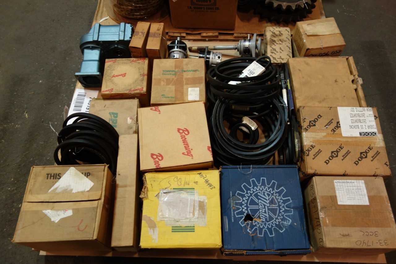 2 PALLETS OF ASSORTED V-BELTS, SERVO GEAR REDUCER, DC SERVO ACTUATOR, COUPLING SLEEVES- TIMKEN, DODGE, GOODYEAR - GEAR REDUCERS