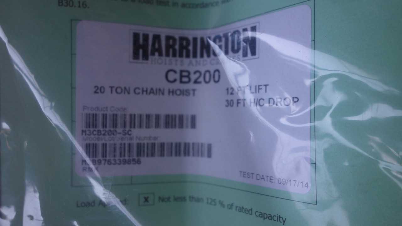 HARRINGTON CB200 20TON MANUAL CHAIN HOIST - LIFTING EQUIPMENT