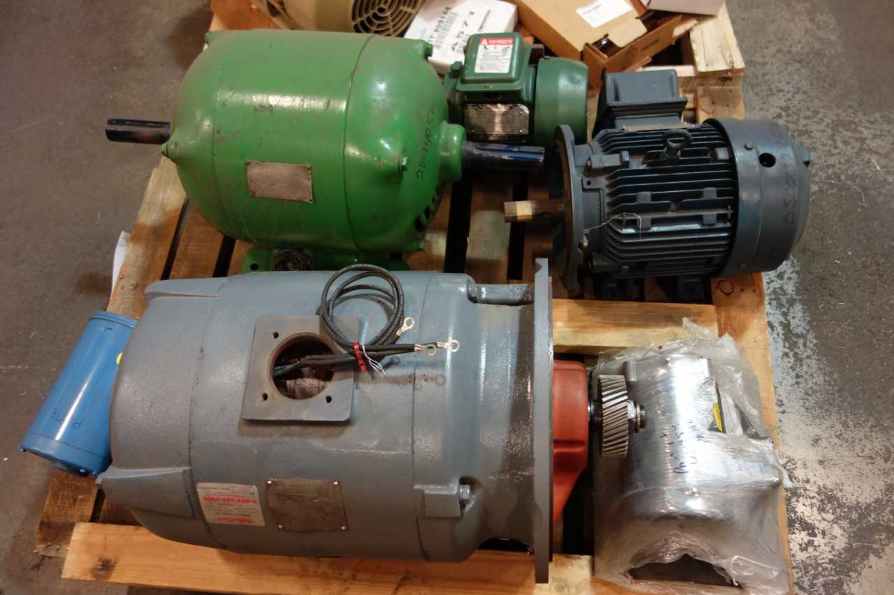 2 PALLETS OF ASSORTED ELECTRICAL AC MOTORS, COOLING FAN, ELECTRICAL BOX- EATON, SIEMNS, WESTINGHOUSE, GENERAL ELECTRIC - ELECTRIC MOTORS