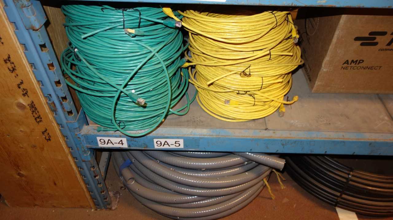 CONTENTS OF 2 SHELVES, ASSORTED ELECTRIC COMMUNICATION CABLES - ELECTRICAL COMPONENTS