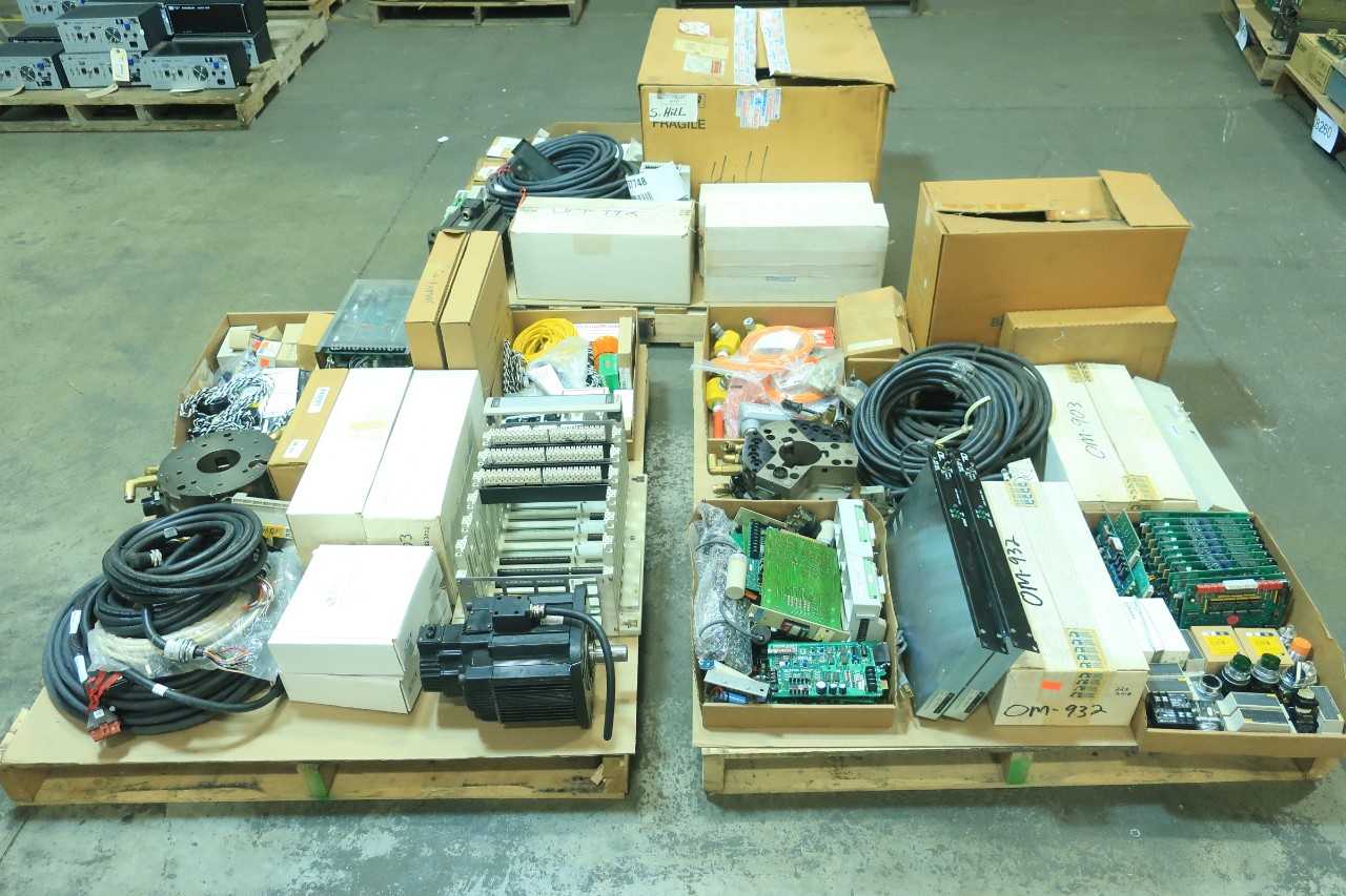 3 PALLETS OF ASSORTED ELECTRICAL SERVO MOTORS, CABLE-WIRE CONTROLS, MODULES, CIRCUIT BOARDS, CHASSIS RACK, REPLACEMENT PARTS ROBOT, MOTOR DRIVE- GE FANUC, BAILEY, FOXBORO, ABB, NITTA, YASKAWA, OVATION - AUTOMATION & CONTROLS