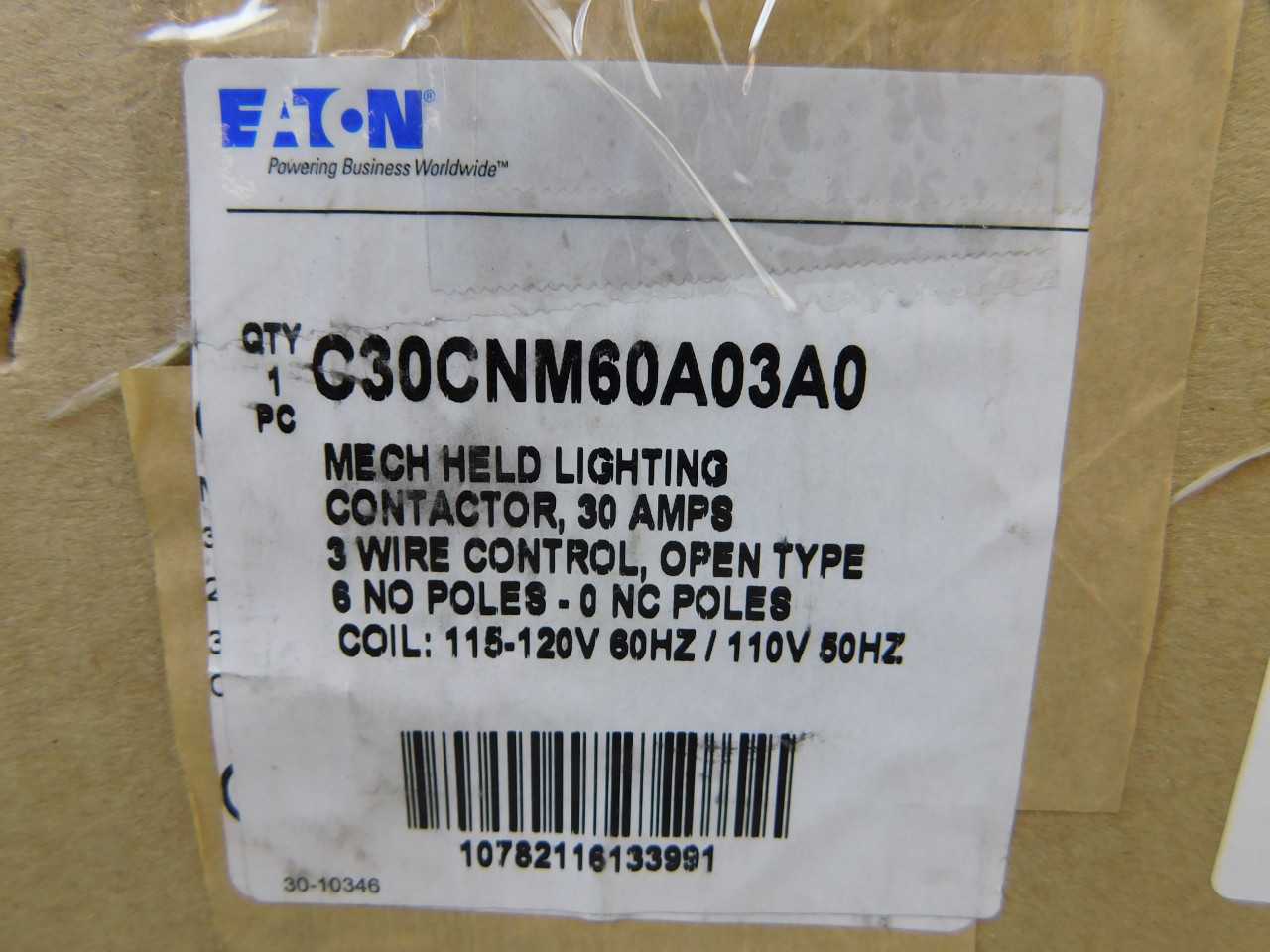 (1) Eaton C30CNM60A03A0 Lighting Contactor 6P 30A 120VAC 50/60Hz - CONTACTORS