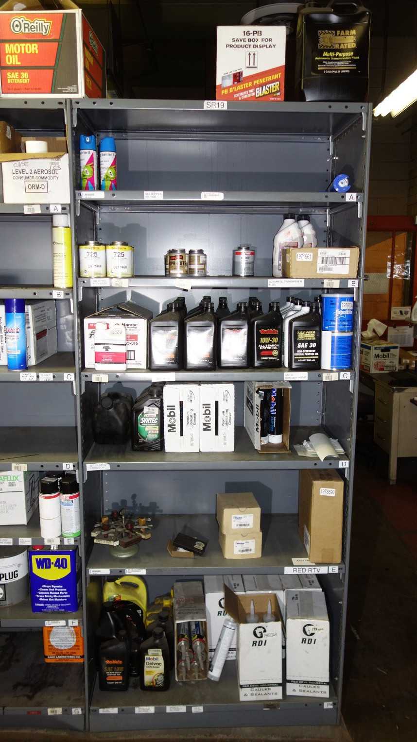CONTENTS OF 4 SHELF COLUMNS, ASSORTED MAINTENANCE CONSUMABLES, OIL - MISCELLANEOUS