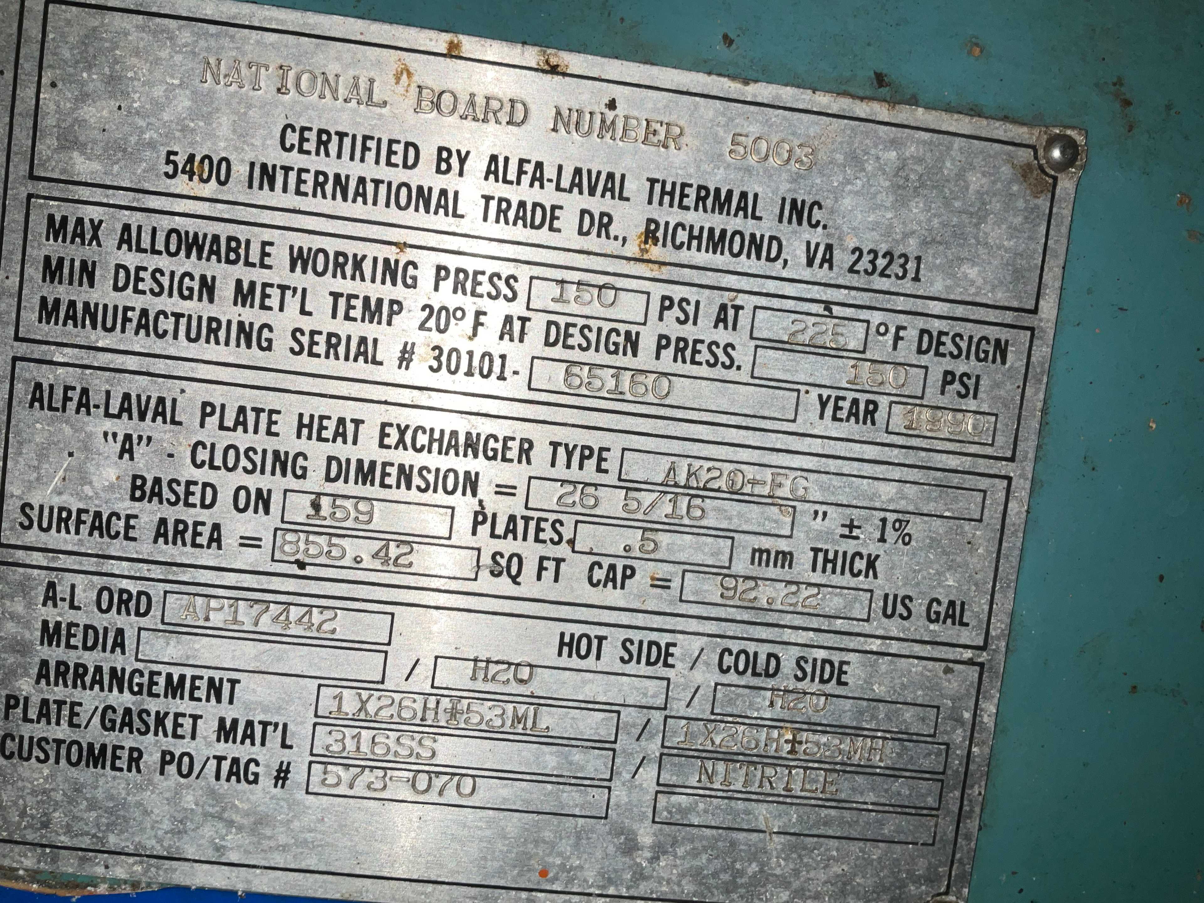 ALFA LAVAL HX-1 HEAT EXCHANGER - THERMAL CONTROL