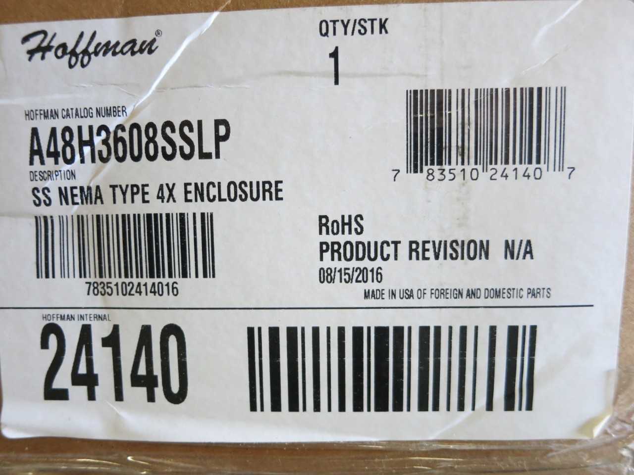 HOFFMAN A48H3608SSLP TYPE 4X STAINLESS ENCLOSURE 48X36X8 - INDUSTRIAL PARTS