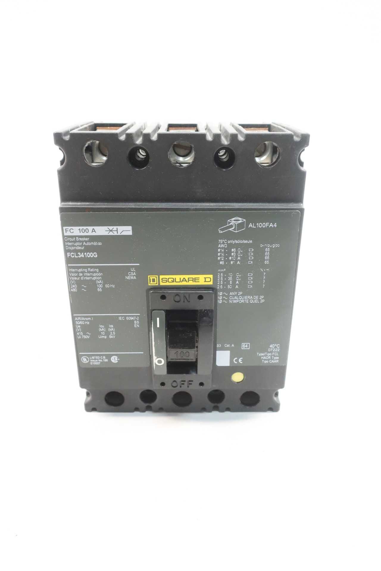 SQUARE D FCL34100G MOLDED CASE CIRCUIT BREAKER 3P 100A AMP 480V-AC - CIRCUIT BREAKERS
