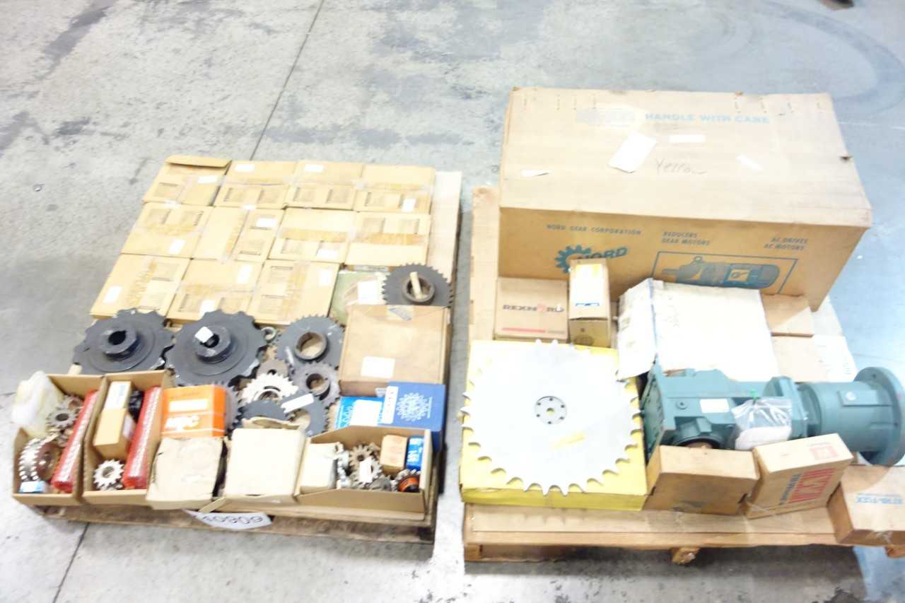 2 PALLETS OF ASSORTED ROLLER CHAIN, CHAIN SPROCKETS, BUSHINGS- DODGE, MARTIN - ROLLER CHAIN