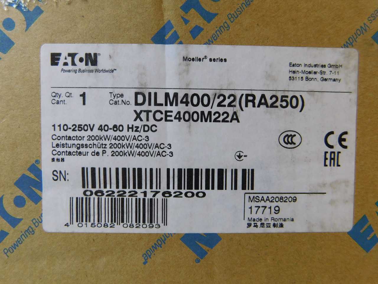 - Quantity of 1 - Eaton XTCE400M22A - Contactor - CONTACTORS