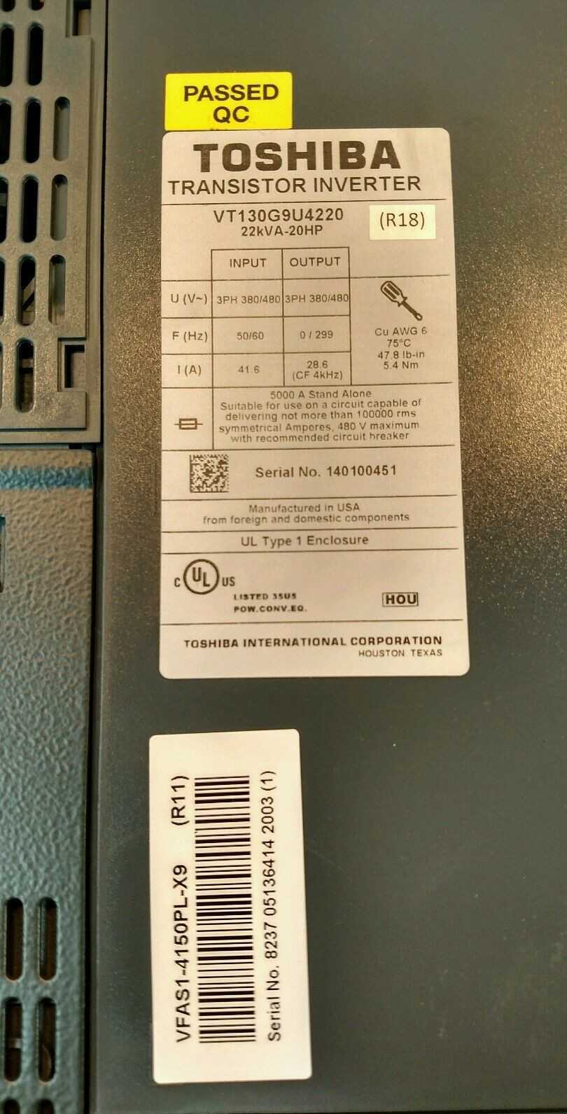 Toshiba VT130G9U4220 22kVA-20HP Transistor Inverter Drive - Used - Bench Tested - Drive Powers Up. Display Does Not Work - MOTOR DRIVES