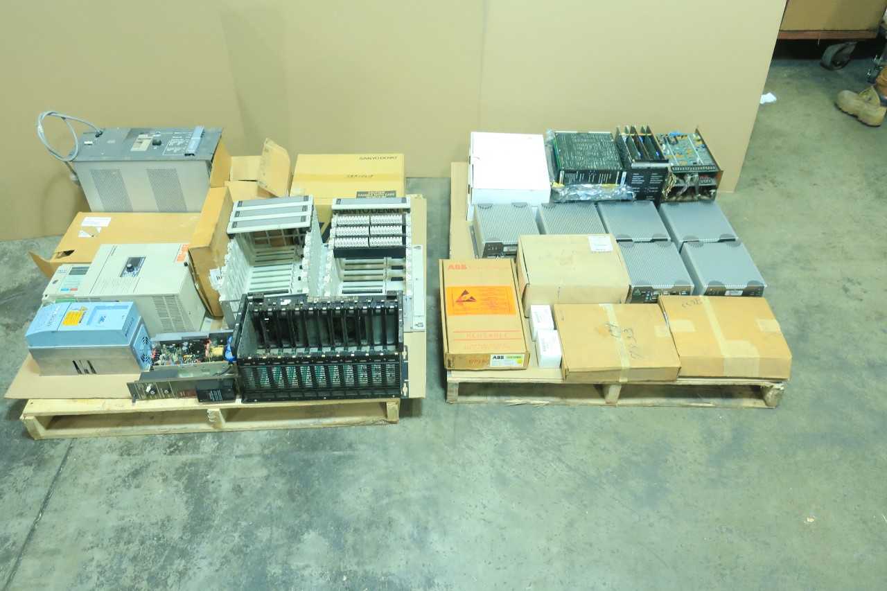 2 PALLETS OF ASSORTED ELECTRICAL MOTOR DRIVE, POWER SUPPLY, SERVO AMP, CIRCUIT BOARD, CHASSIS RACK, MODULES, SERVO DRIVE, CIRCUIT BOARD CONTROLS- TECO, FOXBORO, TOBISHA, GENERAL ELECTRIC, SANYO DENKI, SCHNEIDER, BAILEY, PACIFIC SCIENTIFIC - AUTOMATION & CONTROLS