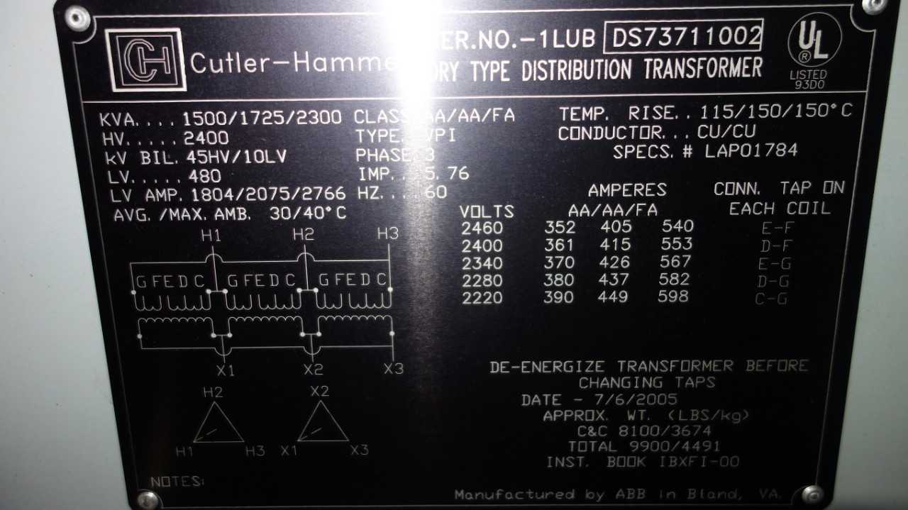 CUTLER HAMMER AA/AA/FA 2300KVA 2400V-AC TRANSFORMER - CONTROL TRANSFORMERS