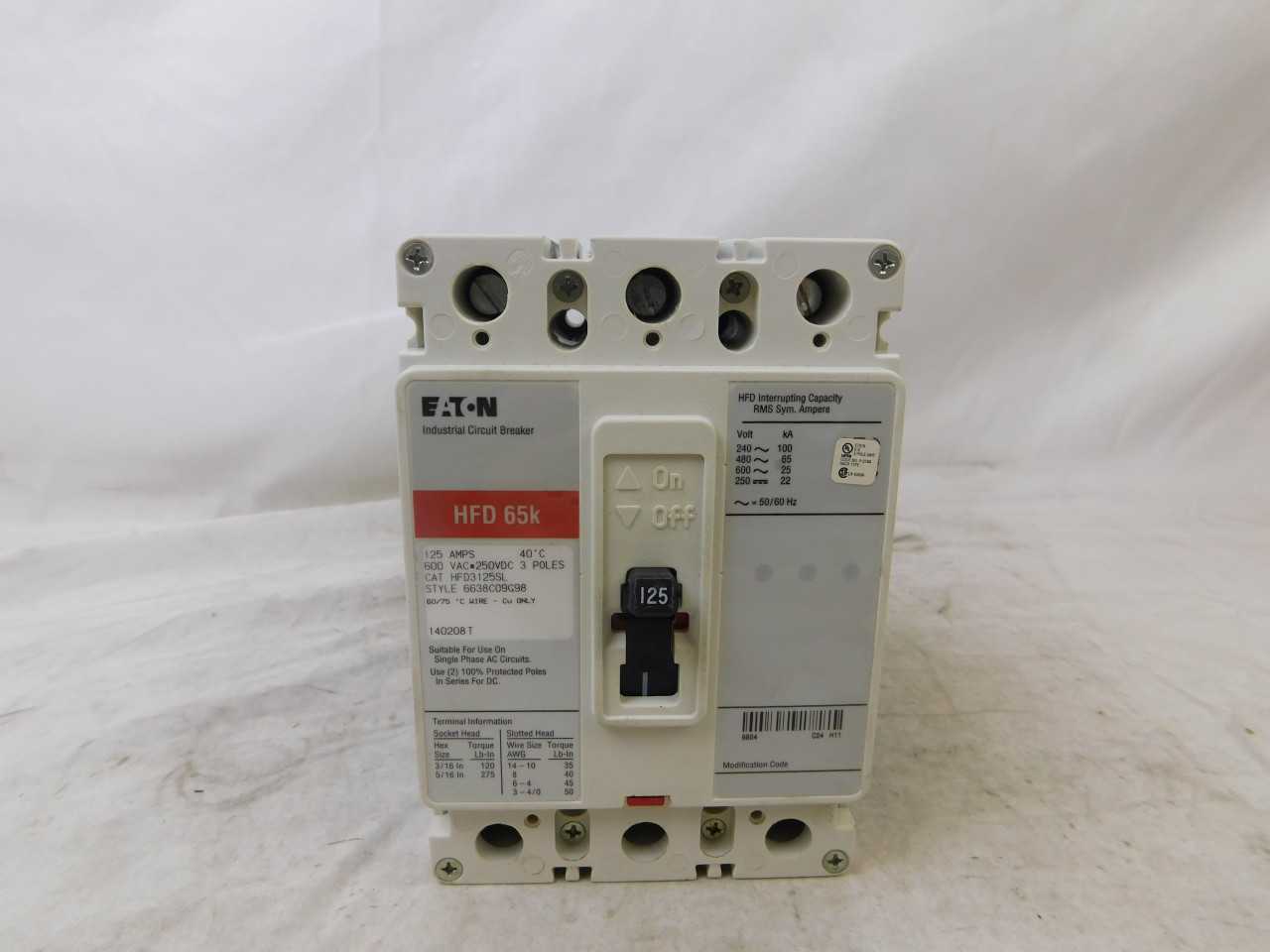 Quantity 4 of New Surplus Eaton HFD3125SL MCCB 3P 125A 600V - CIRCUIT BREAKERS