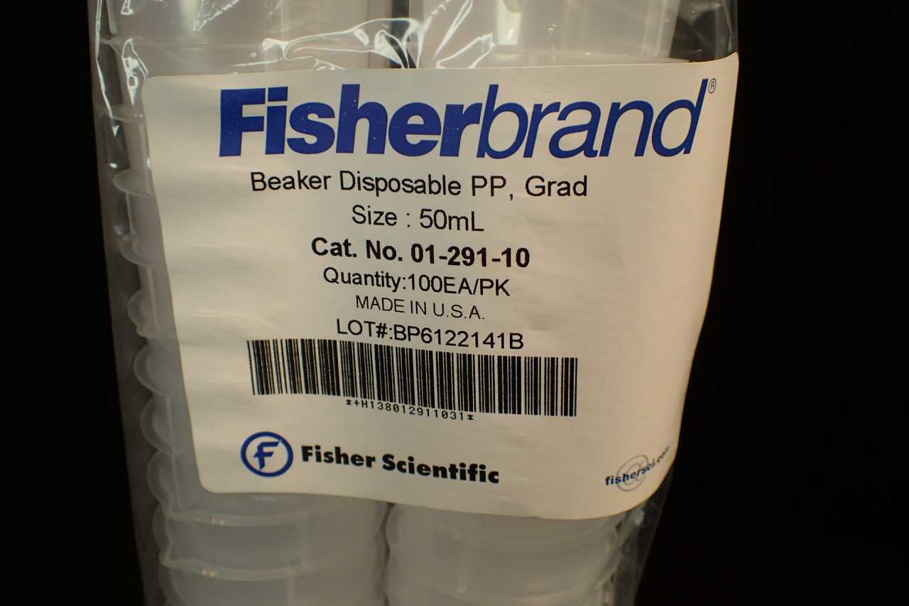 Fisher 50ml 1-1/2 oz Polypropylene Disposable Beakers: 100/pack, 01-291-10, NEW! - LAB & SCIENTIFIC