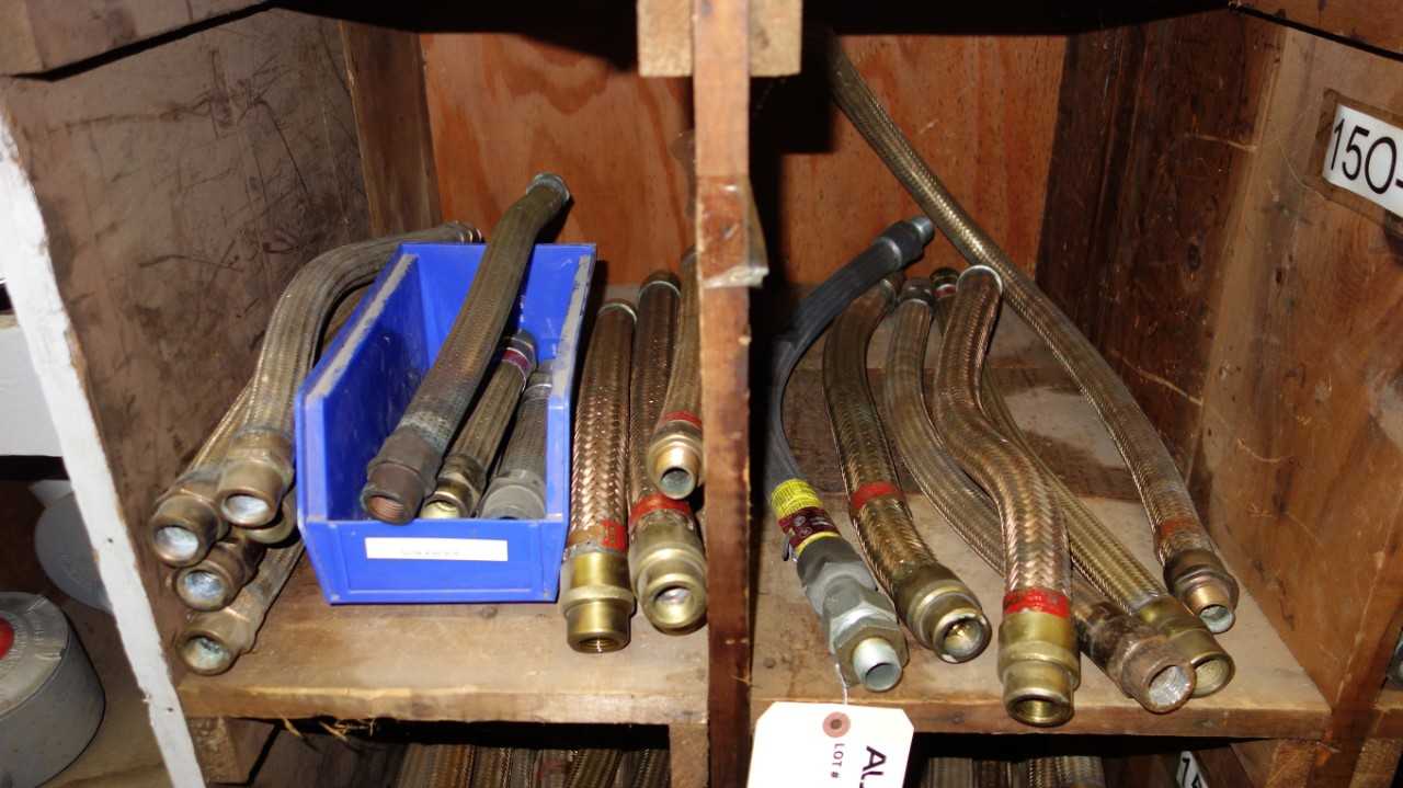 CONTENTS OF PIGEON HOLE CABINET, ASSORTED BRAIDED FLEXIBLE HOSE - POWER TRANSMISSION